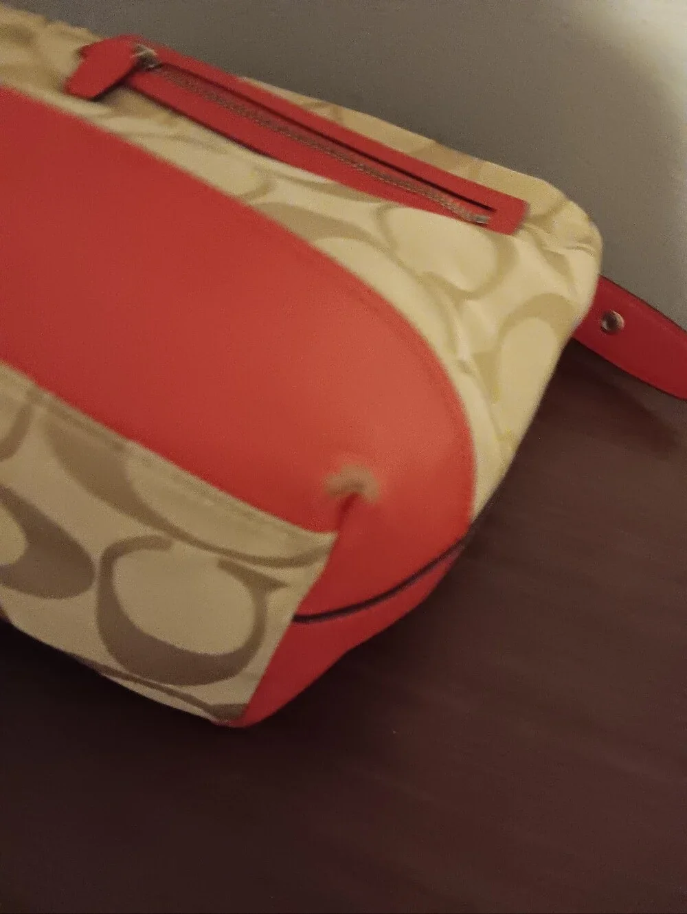 Coach Beige Signature Canvas Shoulder Bag with Red Trim